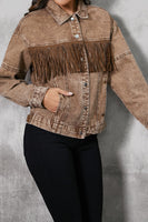 Fringe Trim Snap Down Denim Jacket