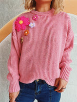 Crochet Flower Round Neck Dropped Shoulder Sweater