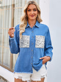 Raw Hem Button Up Long Sleeve Denim Jacket with Sequin Pockets