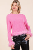 Mittoshop Feather Trim Long Sleeve Crop Hacci Knit Top