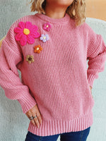 Crochet Flower Round Neck Dropped Shoulder Sweater