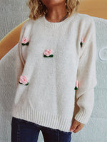 Flower Round Neck Long Sleeve Sweater