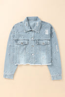 Distressed Pearl Trim Button Up Denim Jacket