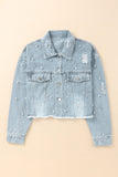 Distressed Pearl Trim Button Up Denim Jacket