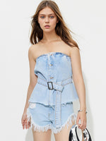 Buttoned Raw Hem Tube Denim Top