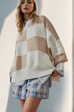 Double Take Slit Color Block Mock Neck Batwing Sleeve Sweater