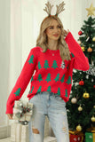 Christmas Tree Round Neck Ribbed Trim Sweater