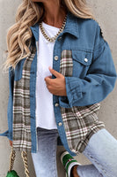 Plaid Pocketed Button Up Denim Jacket