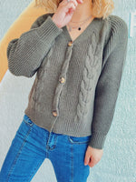 Cable-Knit V-Neck Button Down Long Sleeve Cardigan