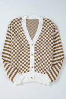 Checkered V-Neck Long Sleeve Cardigan