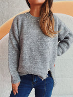 Slit Pearl Trim Round Neck Long Sleeve Sweater