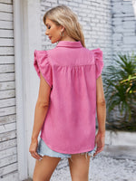 Ruffled Pocketed Collared Neck Cap Sleeve Denim Top