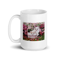 Two Kittens in Basket of Flowers White Glossy Mug