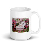 Two Kittens in Basket of Flowers White Glossy Mug